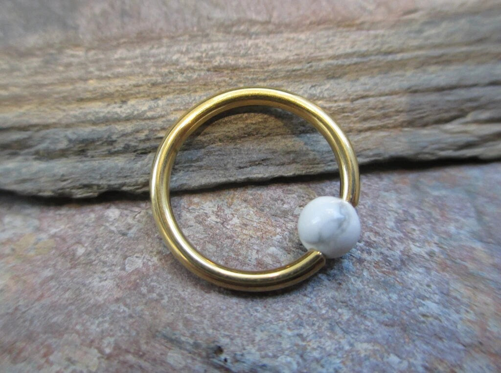Natural White Howlite Stone Bead Gold Titanium Plated CBR Ring Hoop 16G (1.2mm) 14G (1.6mm) Nose Cartilage Septum Piercing 316L Steel