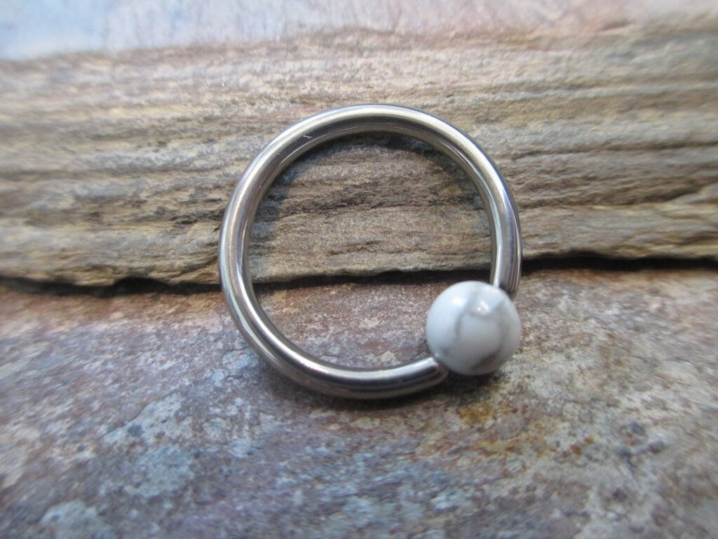 Natural White Howlite Stone Bead Steel CBR Ring Hoop 16G (1.2mm) 14G (1.6mm) Nose Cartilage Septum Lip Piercing 316L Surgical Hypoallergenic