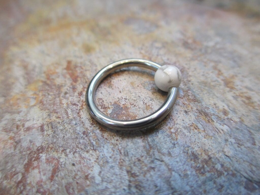 Natural White Howlite Stone Bead Steel CBR Ring Hoop 16G (1.2mm) 14G (1.6mm) Nose Cartilage Septum Lip Piercing 316L Surgical Hypoallergenic