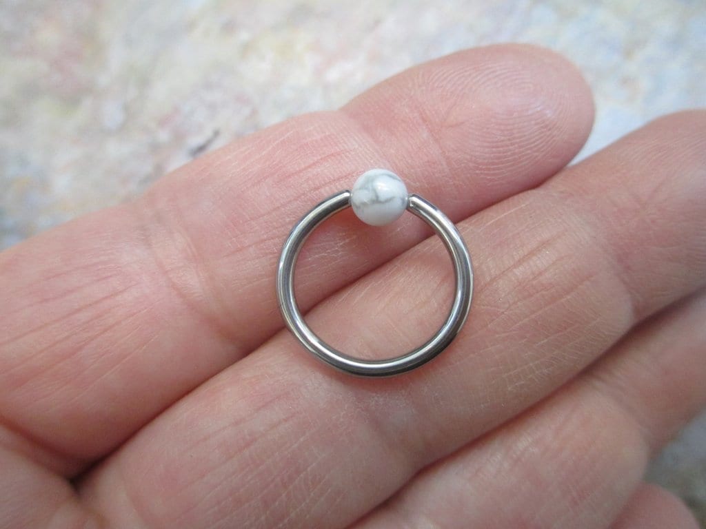 Natural White Howlite Stone Bead Steel CBR Ring Hoop 16G (1.2mm) 14G (1.6mm) Nose Cartilage Septum Lip Piercing 316L Surgical Hypoallergenic