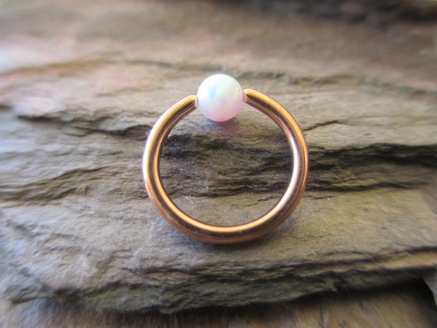 Rose Gold White Fire Opal Bead CBR Ring Hoop 16G (1.2mm) 14G (1.6mm) Nose Cartilage Septum Lip Piercing 316L Surgical