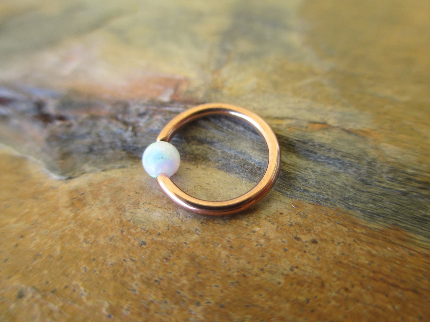 Rose Gold White Fire Opal Bead CBR Ring Hoop 16G (1.2mm) 14G (1.6mm) Nose Cartilage Septum Lip Piercing 316L Surgical