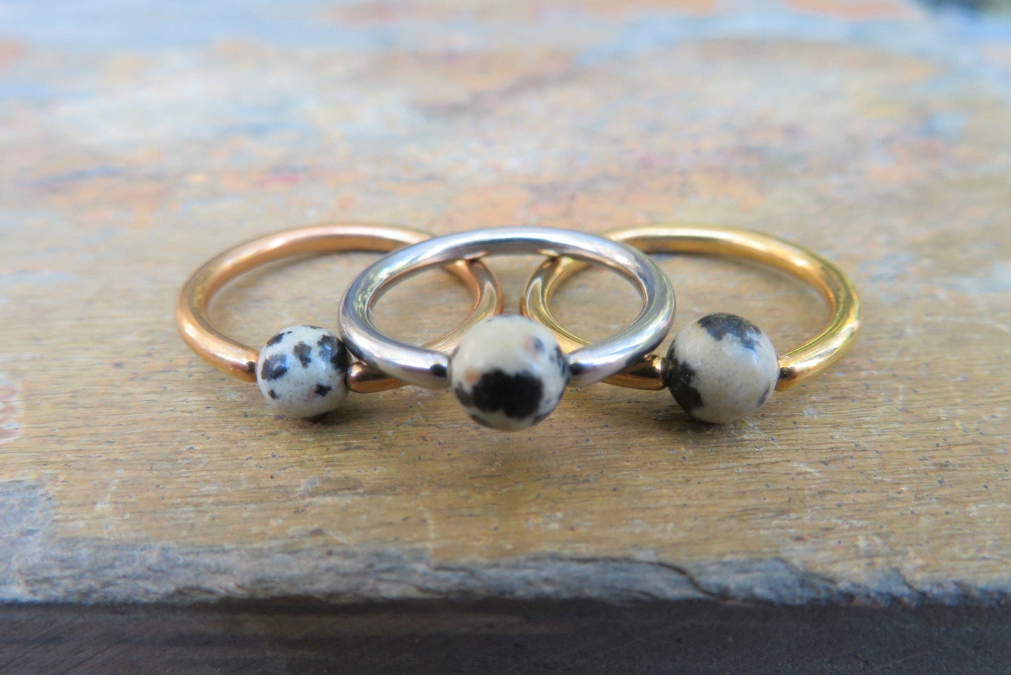 Natural Dalmatian Jasper Stone Bead Gold Titanium Plated CBR Ring Hoop 16G (1.2mm) 14G (1.6mm) Nose Cartilage Septum Piercing 316L Steel