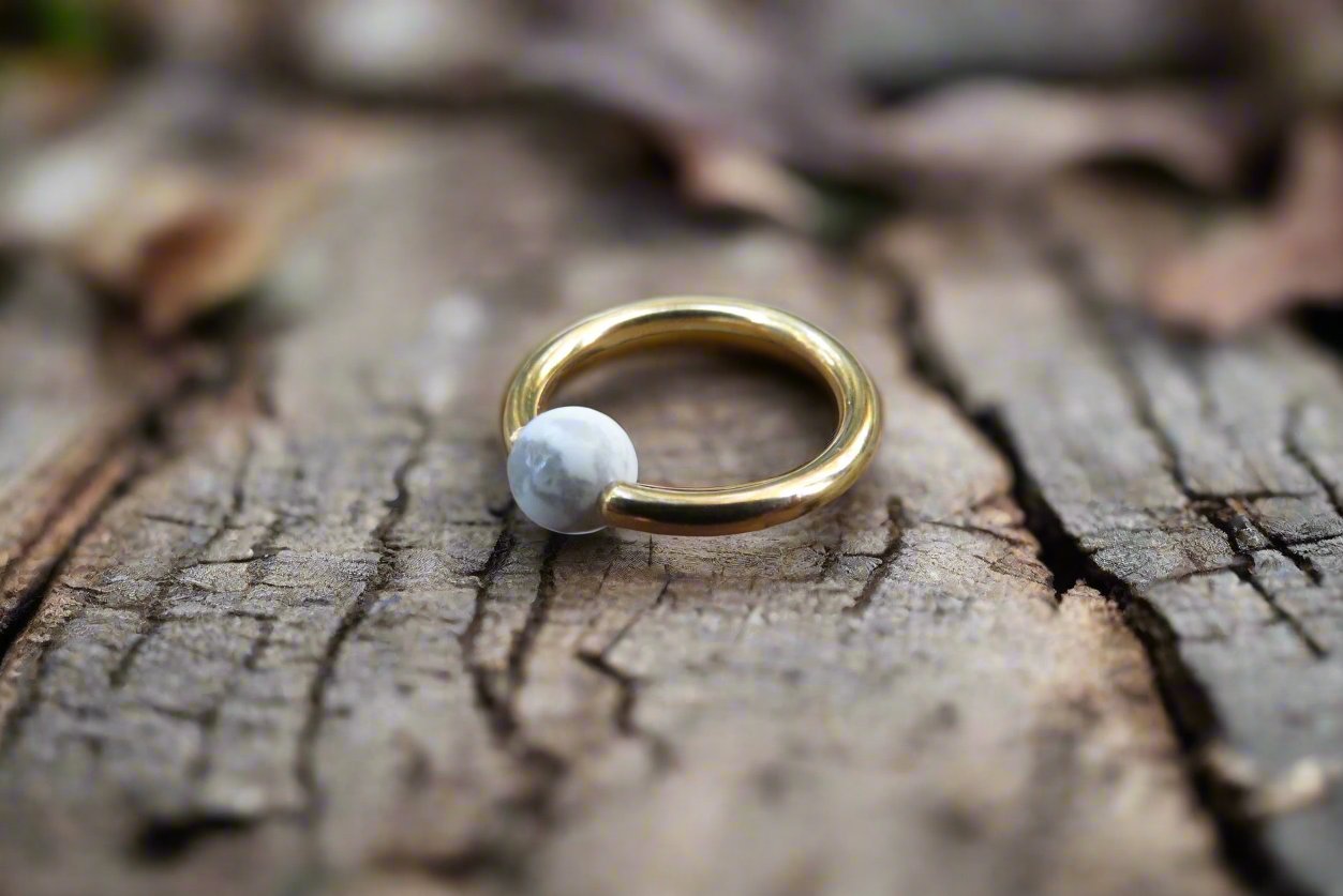 Natural White Howlite Stone Bead Gold Titanium Plated CBR Ring Hoop 16G (1.2mm) 14G (1.6mm) Nose Cartilage Septum Piercing 316L Steel