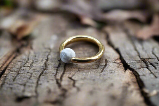 Natural White Howlite Stone Bead Gold Titanium Plated CBR Ring Hoop 16G (1.2mm) 14G (1.6mm) Nose Cartilage Septum Piercing 316L Steel