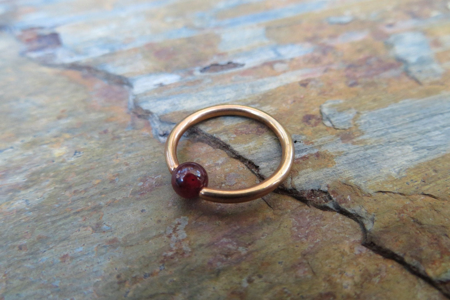Natural Deep Red Garnet Stone Bead Rose Gold Titanium Plated CBR Ring Hoop 16G (1.2mm) 14G (1.6mm) Nose Cartilage Septum Piercing 316L Steel