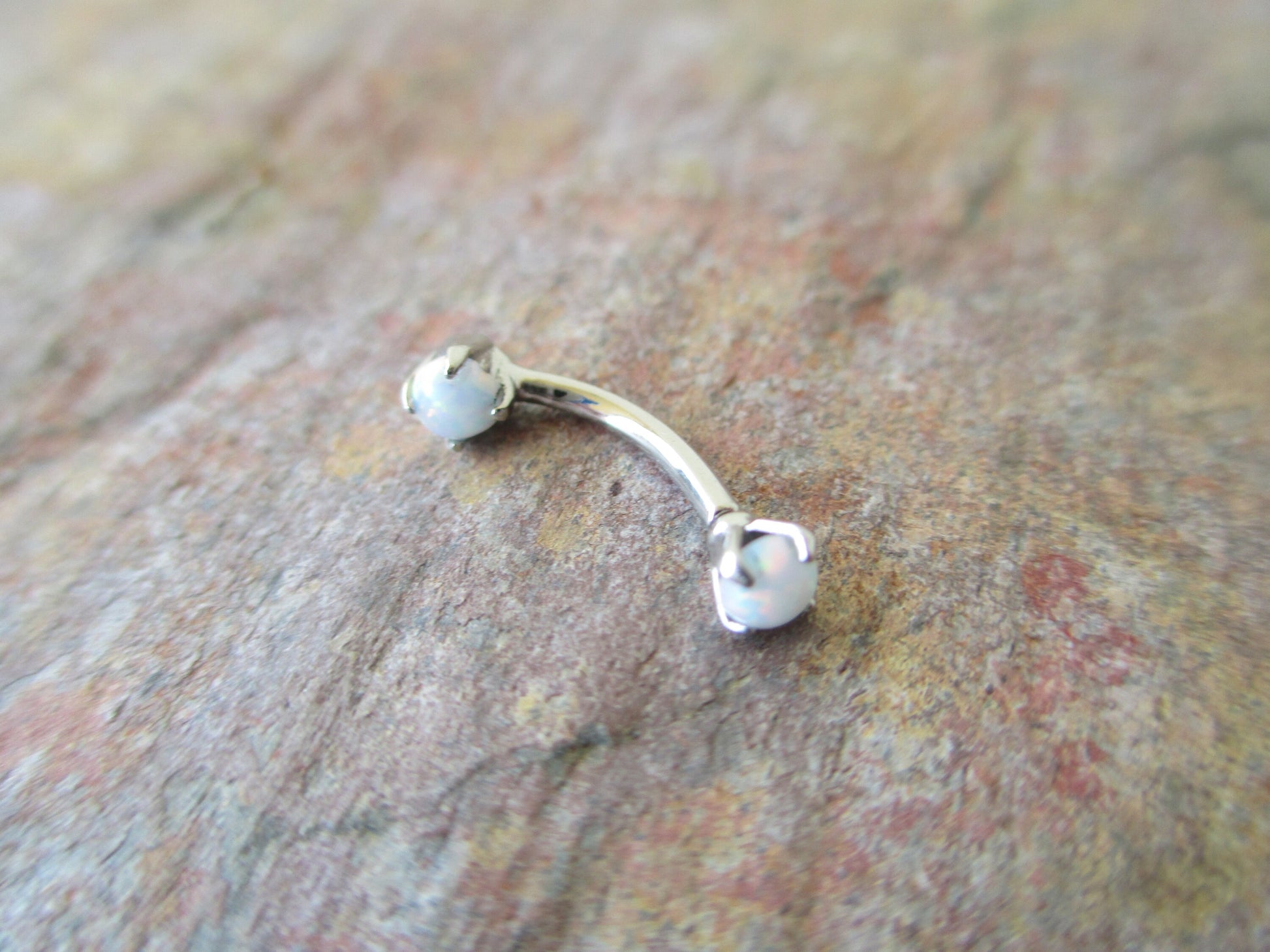 White Fire Opal Pronged Eyebrow Curve Rook 16g (1.2mm) Waterproof Barbell Piercing Steel Earring 100% Surgical Steel Hypoallergenic