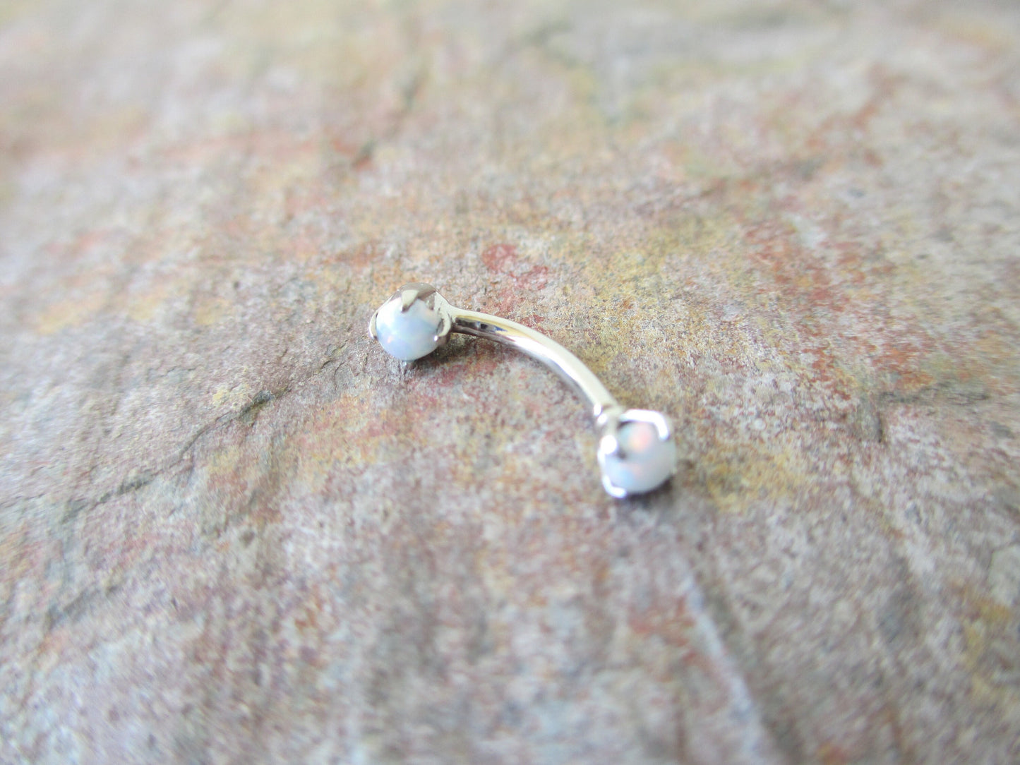 White Fire Opal Pronged Eyebrow Curve Rook 16g (1.2mm) Waterproof Barbell Piercing Steel Earring 100% Surgical Steel Hypoallergenic