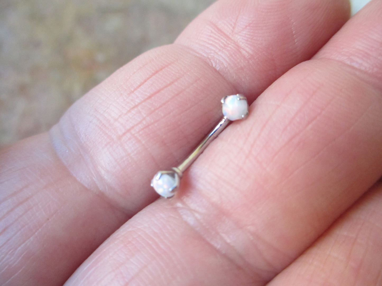 White Fire Opal Pronged Eyebrow Curve Rook 16g (1.2mm) Waterproof Barbell Piercing Steel Earring 100% Surgical Steel Hypoallergenic