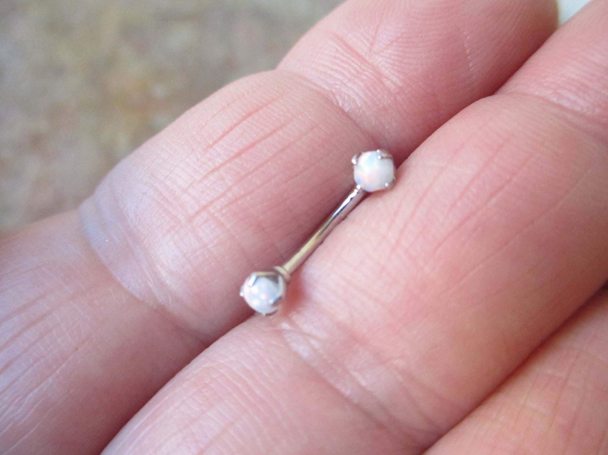 White Fire Opal Pronged Eyebrow Curve Rook 16g (1.2mm) Waterproof Barbell Piercing Steel Earring 100% Surgical Steel Hypoallergenic