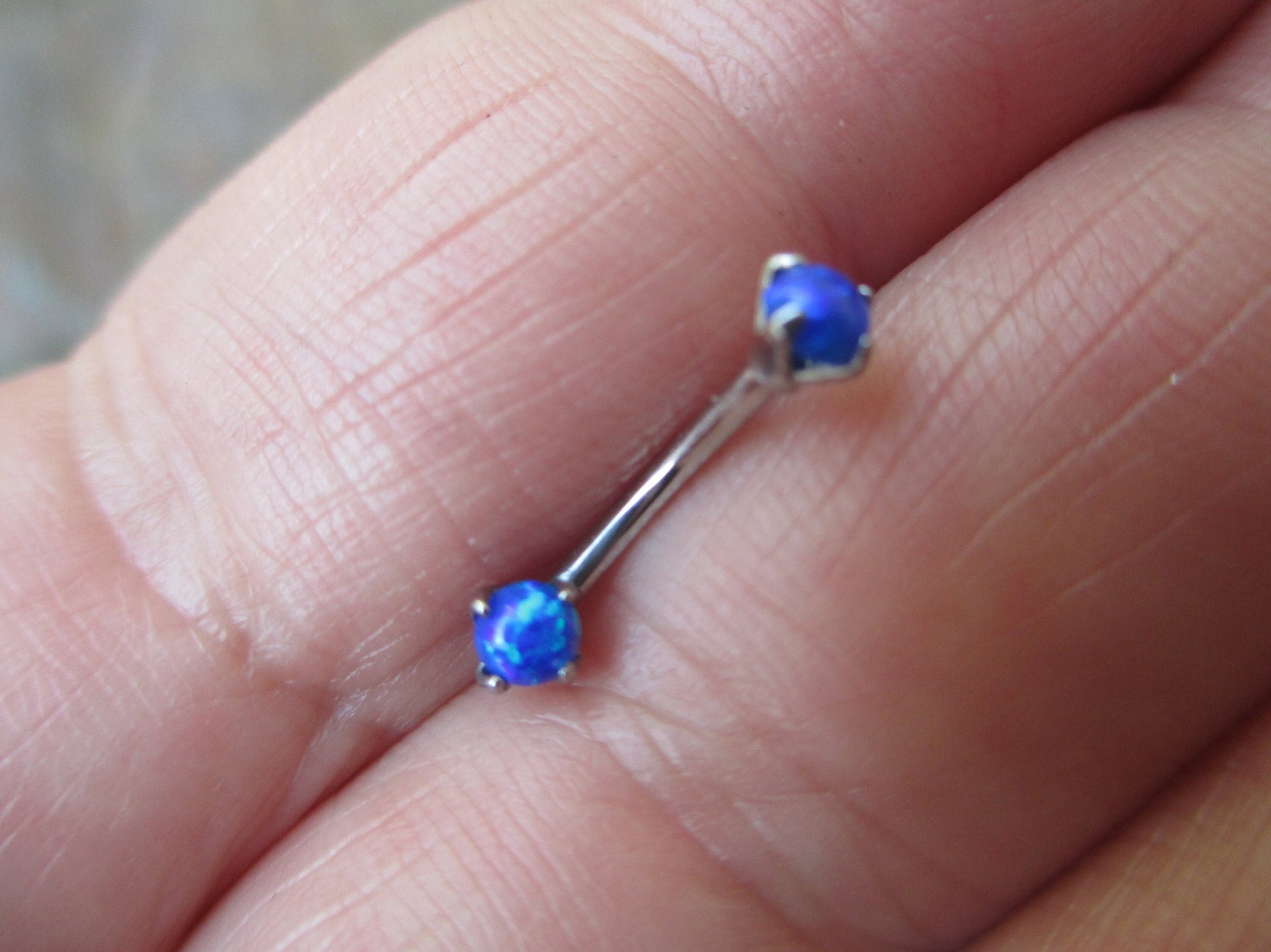 Blue Fire Opal Pronged Eyebrow Curve Rook 16g (1.2mm) Barbell Piercing Steel Earring 100% Surgical Steel Hypoallergenic