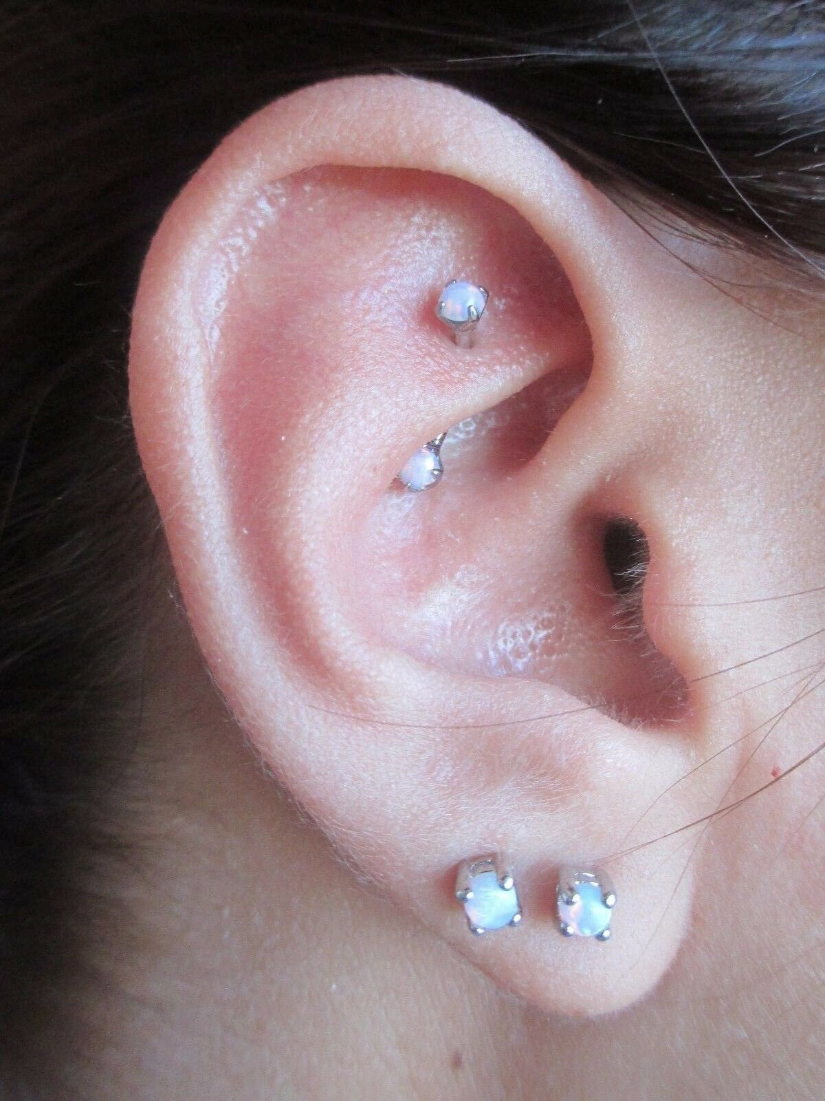 White Fire Opal Pronged Eyebrow Curve Rook 16g (1.2mm) Waterproof Barbell Piercing Steel Earring 100% Surgical Steel Hypoallergenic