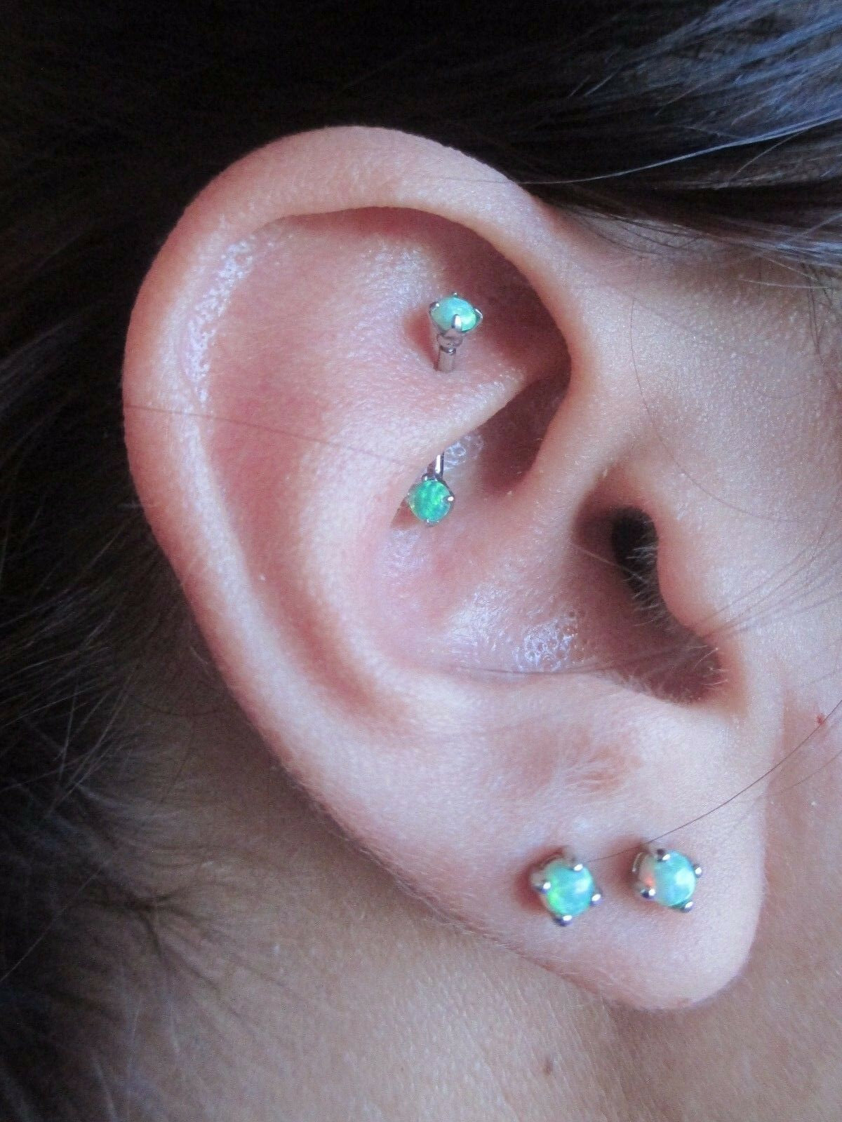 Blue Fire Opal Pronged Eyebrow Curve Rook 16g (1.2mm) Barbell Piercing Steel Earring 100% Surgical Steel Hypoallergenic