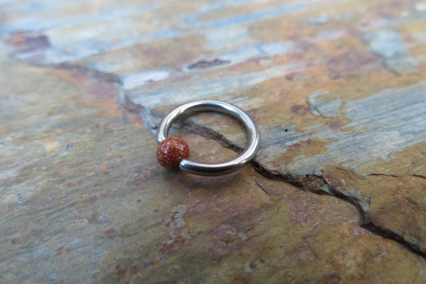 Orange Goldstone Glass Bead Steel CBR Ring Hoop 16G (1.2mm) 14G (1.6mm) Nose Cartilage Septum Lip Piercing 316L Surgical Hypoallergenic