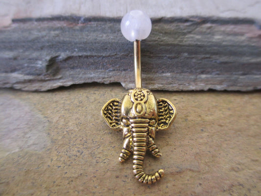 Rose Quartz Natural Stone Ganesha Elephant 14G (1.6mm) Belly Navel Ring Piercing Rose Gold Steel Barbell