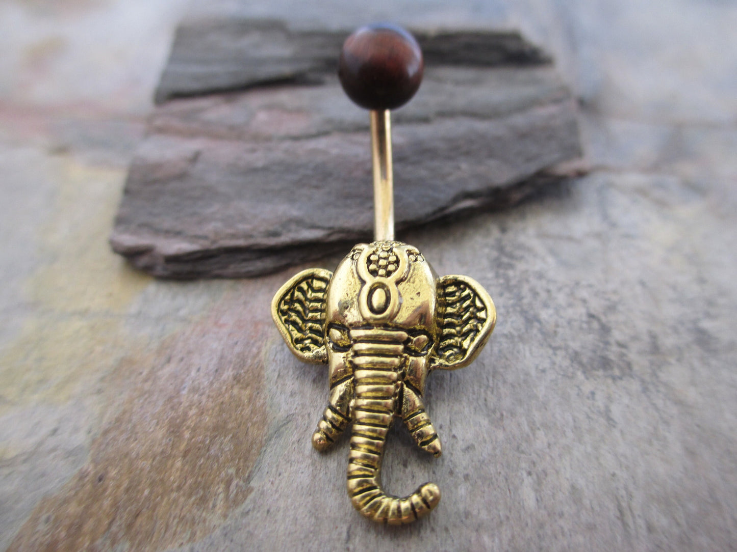 Red Tiger Eye Natural Stone Ganesha Elephant 14G (1.6mm) Belly Navel Ring Piercing Rose Gold Steel Barbell