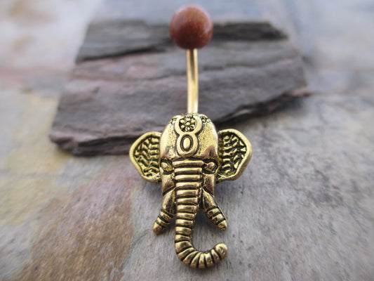 SALE! Orange Goldstone Ganesha Elephant 14G (1.6mm) Belly Navel Ring Piercing Natural Stone Rose Gold Steel Barbell Glitter Brown Stone