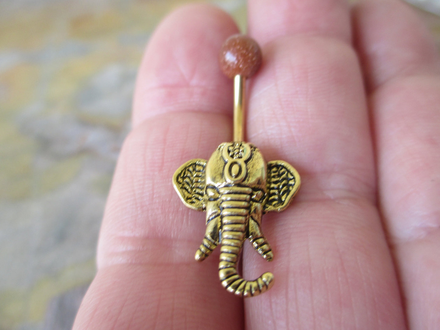 SALE! Orange Goldstone Ganesha Elephant 14G (1.6mm) Belly Navel Ring Piercing Natural Stone Rose Gold Steel Barbell Glitter Brown Stone