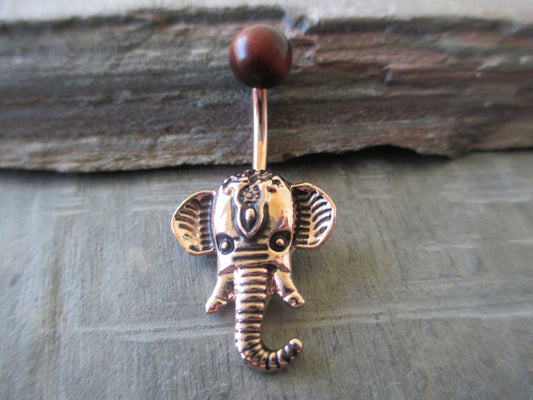 Red Tiger Eye Natural Stone Ganesha Elephant 14G (1.6mm) Belly Navel Ring Piercing Rose Gold Steel Barbell