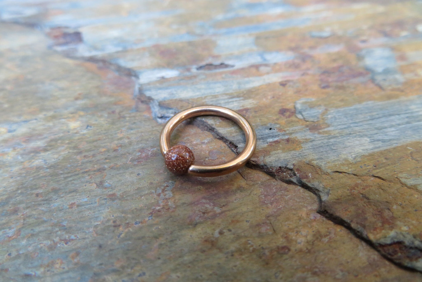 Orange Goldstone Bead Rose Gold Titanium Plated CBR Ring Hoop 16G (1.2mm) 14G (1.6mm) Nose Cartilage Septum Piercing 316L Steel