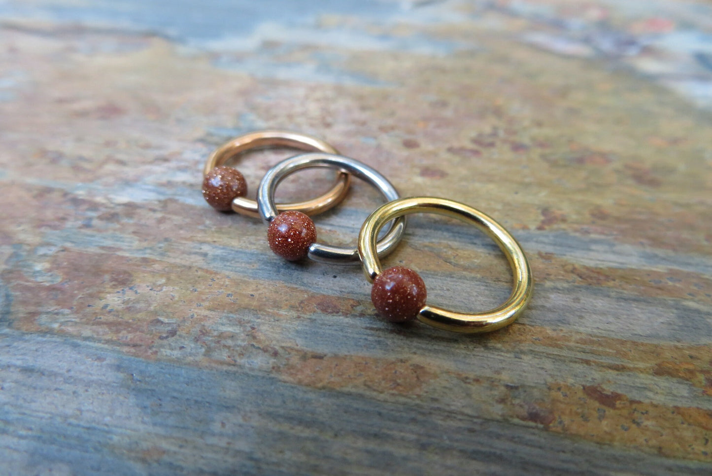 Orange Goldstone Bead Rose Gold Titanium Plated CBR Ring Hoop 16G (1.2mm) 14G (1.6mm) Nose Cartilage Septum Piercing 316L Steel