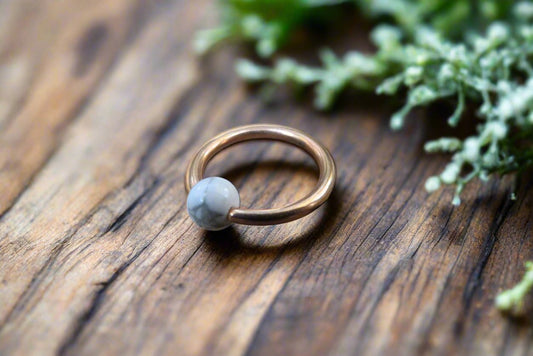 Natural White Howlite Stone Bead Rose Gold Titanium Plated CBR Ring Hoop 16G (1.2mm) 14G (1.6mm) Nose Cartilage Septum Piercing 316L Steel