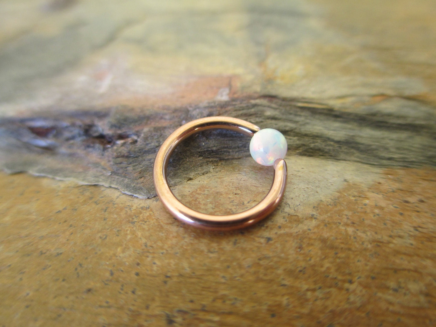 Rose Gold White Fire Opal Bead CBR Ring Hoop 16G (1.2mm) 14G (1.6mm) Nose Cartilage Septum Lip Piercing 316L Surgical