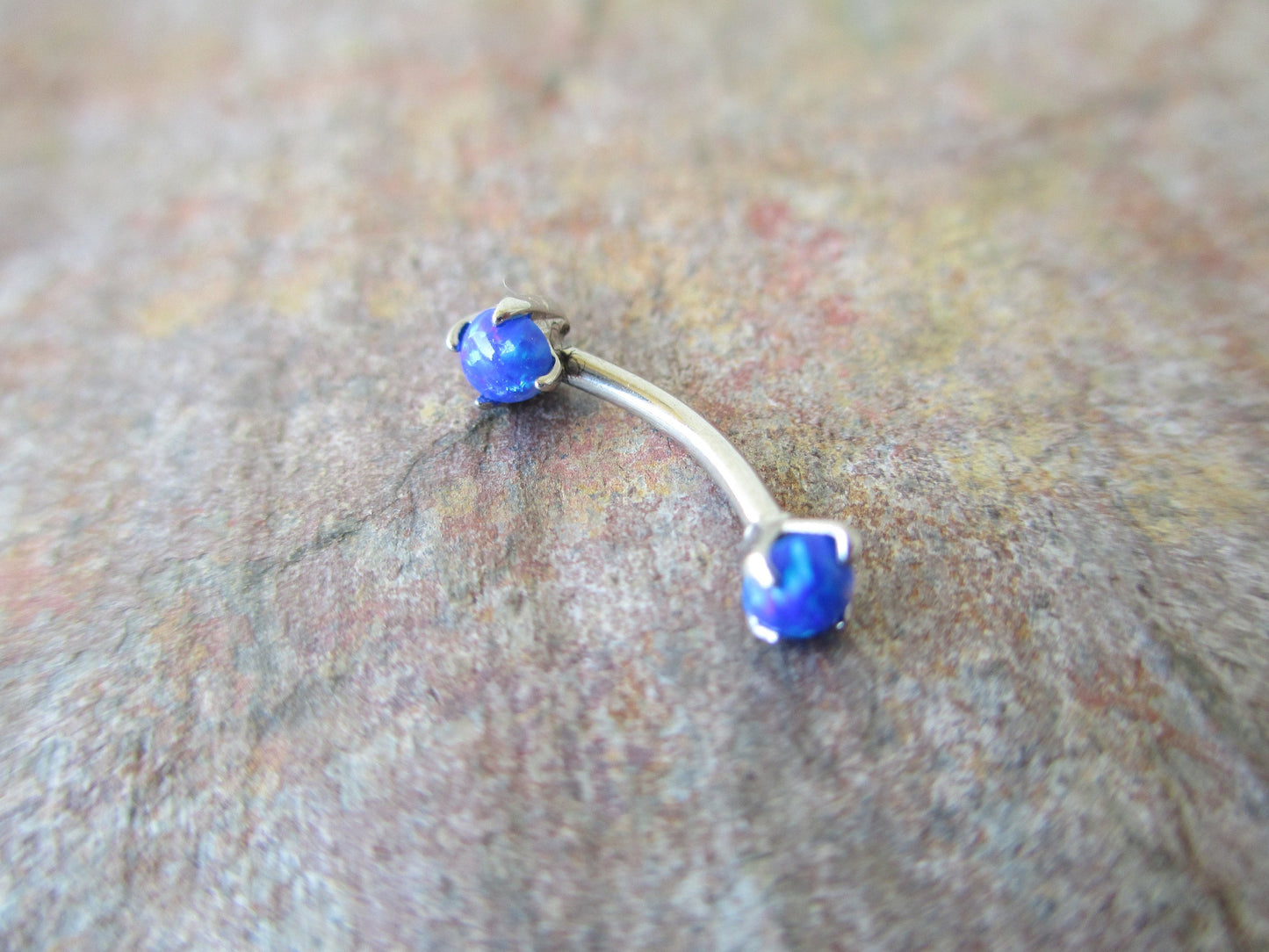 Blue Fire Opal Pronged Eyebrow Curve Rook 16g (1.2mm) Barbell Piercing Steel Earring 100% Surgical Steel Hypoallergenic