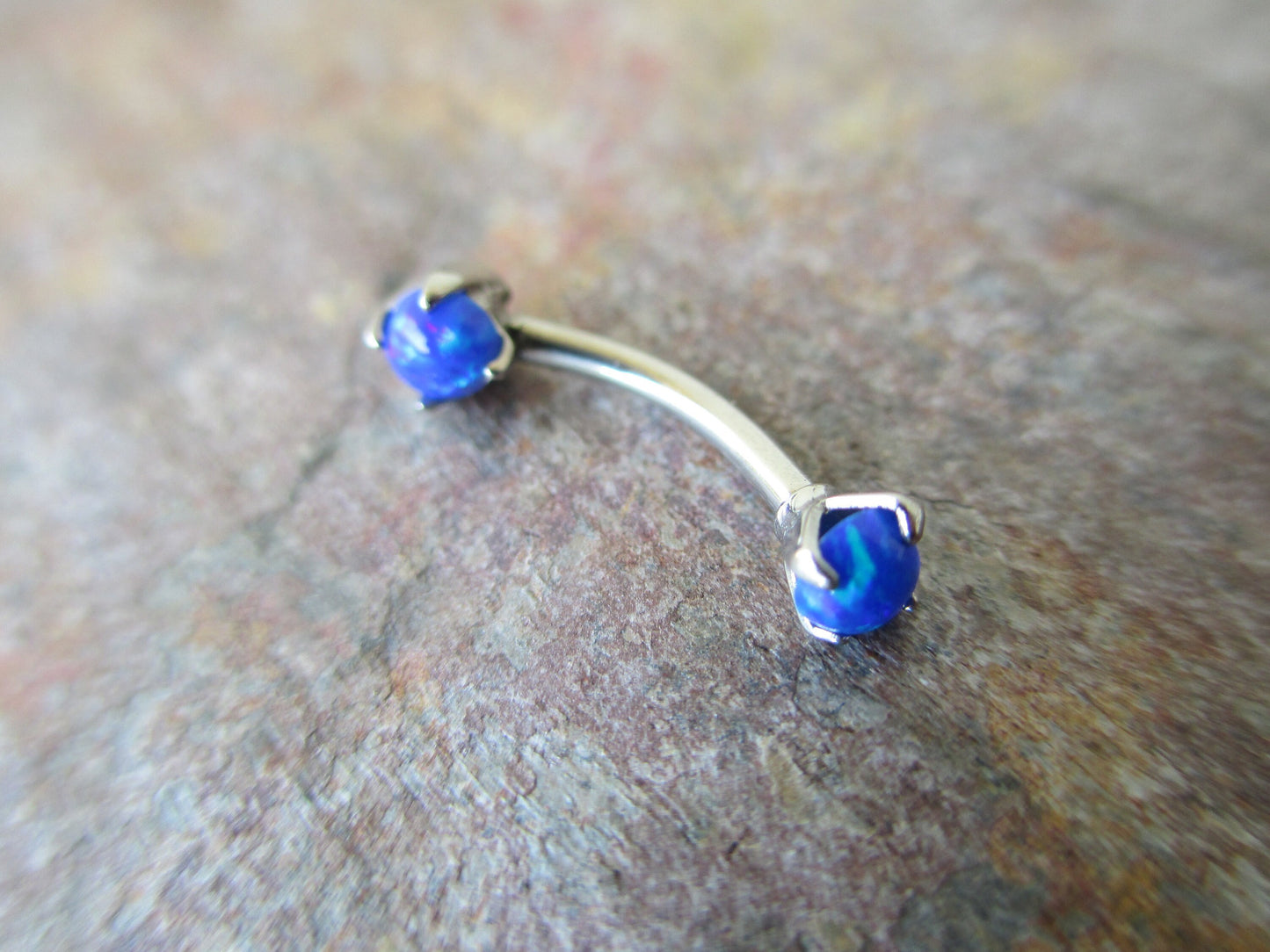 Blue Fire Opal Pronged Eyebrow Curve Rook 16g (1.2mm) Barbell Piercing Steel Earring 100% Surgical Steel Hypoallergenic