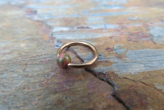 Natural Unakite Stone Bead Rose Gold Titanium Plated CBR Ring Hoop 16G (1.2mm) 14G (1.6mm) Nose Cartilage Septum Piercing 316L Steel