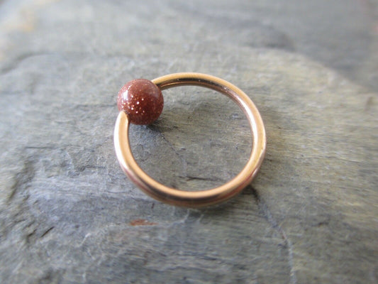 Orange Goldstone Bead Rose Gold Titanium Plated CBR Ring Hoop 16G (1.2mm) 14G (1.6mm) Nose Cartilage Septum Piercing 316L Steel