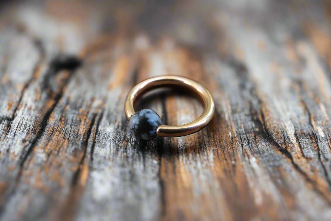 Natural Snowflake Obsidian Stone Bead Rose Gold Titanium Plated CBR Ring Hoop 16G (1.2mm) 14G (1.6mm) Nose Cartilage Septum Piercing Steel