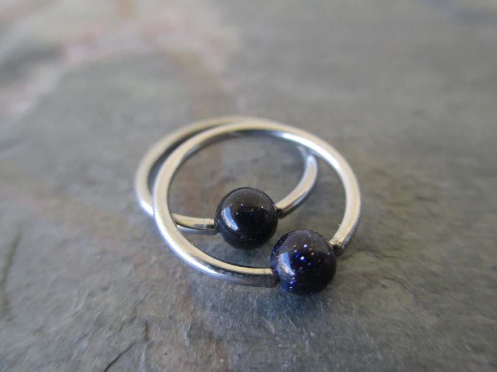 Galaxy Stone Glass Bead Surgical Steel CBR Ring Hoop 16G (1.2mm) 14G (1.6mm) Navy Goldstone Nose Cartilage Septum Piercing Hypoallergenic