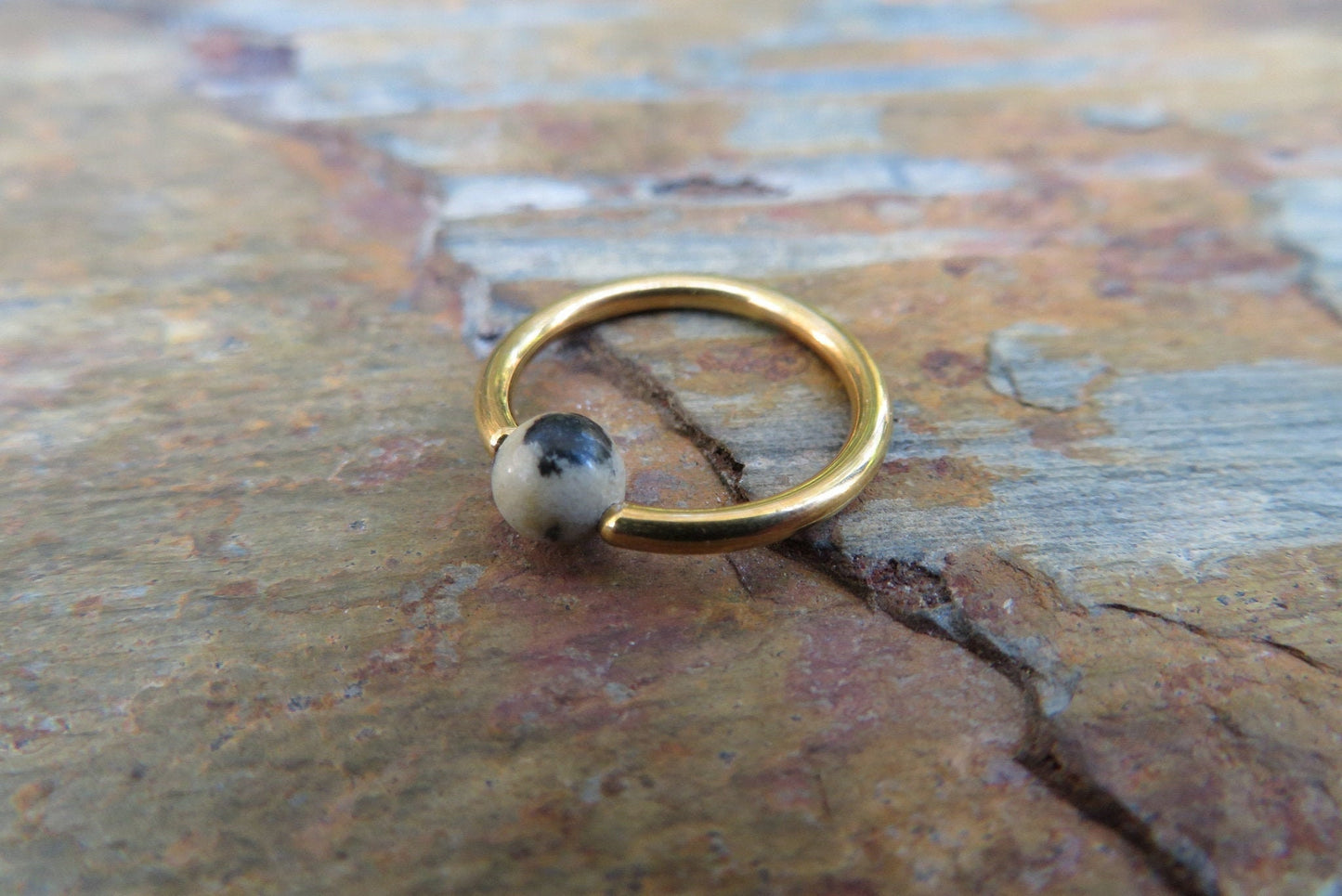 Natural Dalmatian Jasper Stone Bead Gold Titanium Plated CBR Ring Hoop 16G (1.2mm) 14G (1.6mm) Nose Cartilage Septum Piercing 316L Steel