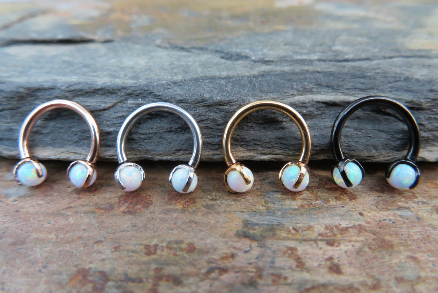 Black Titanium Ion Plated White Opal Pronged 16G (1.2mm) Internally Threaded Horseshoe Nose Ring Septum Piercing 316L Surgical Steel