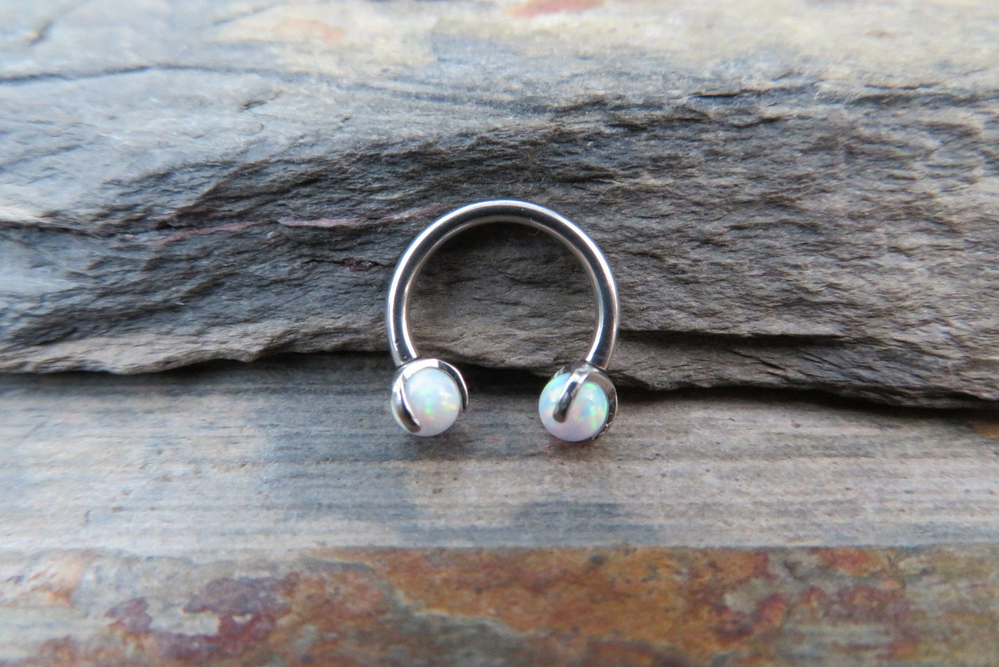 316L Surgical Steel Pronged White Fire Opal 16G (1.2mm) Internally Threaded Horseshoe Nose Ring Septum Piercing