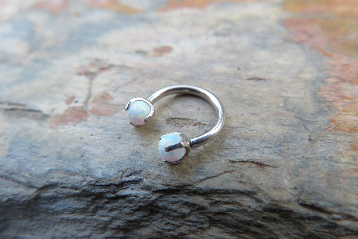 316L Surgical Steel Pronged White Fire Opal 16G (1.2mm) Internally Threaded Horseshoe Nose Ring Septum Piercing