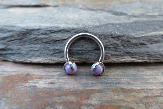 316L Surgical Steel Pronged Purple Fire Opal 16G (1.2mm) Internally Threaded Horseshoe Nose Ring Septum Piercing