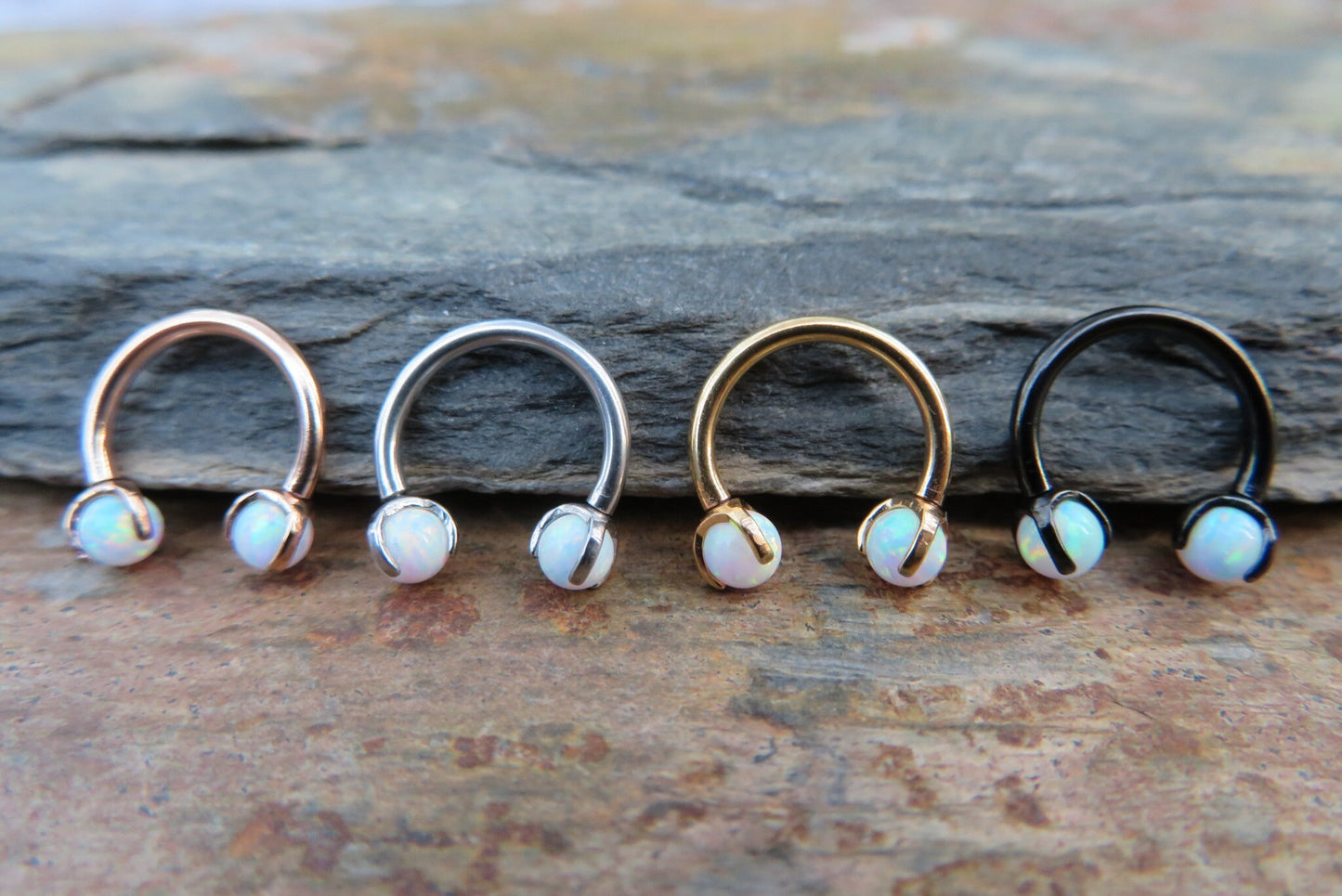 Rose Gold Titanium Ion Plated White Opal Pronged 16G (1.2mm) Internally Threaded Horseshoe Nose Ring Septum Piercing 316L Surgical Steel