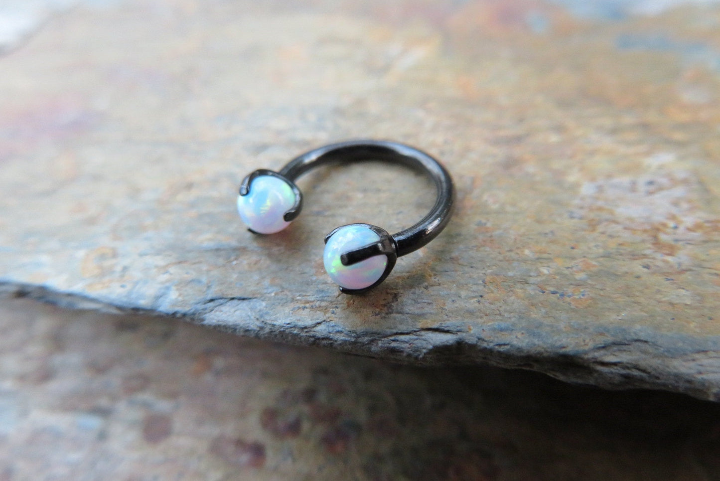 Black Titanium Ion Plated White Opal Pronged 16G (1.2mm) Internally Threaded Horseshoe Nose Ring Septum Piercing 316L Surgical Steel