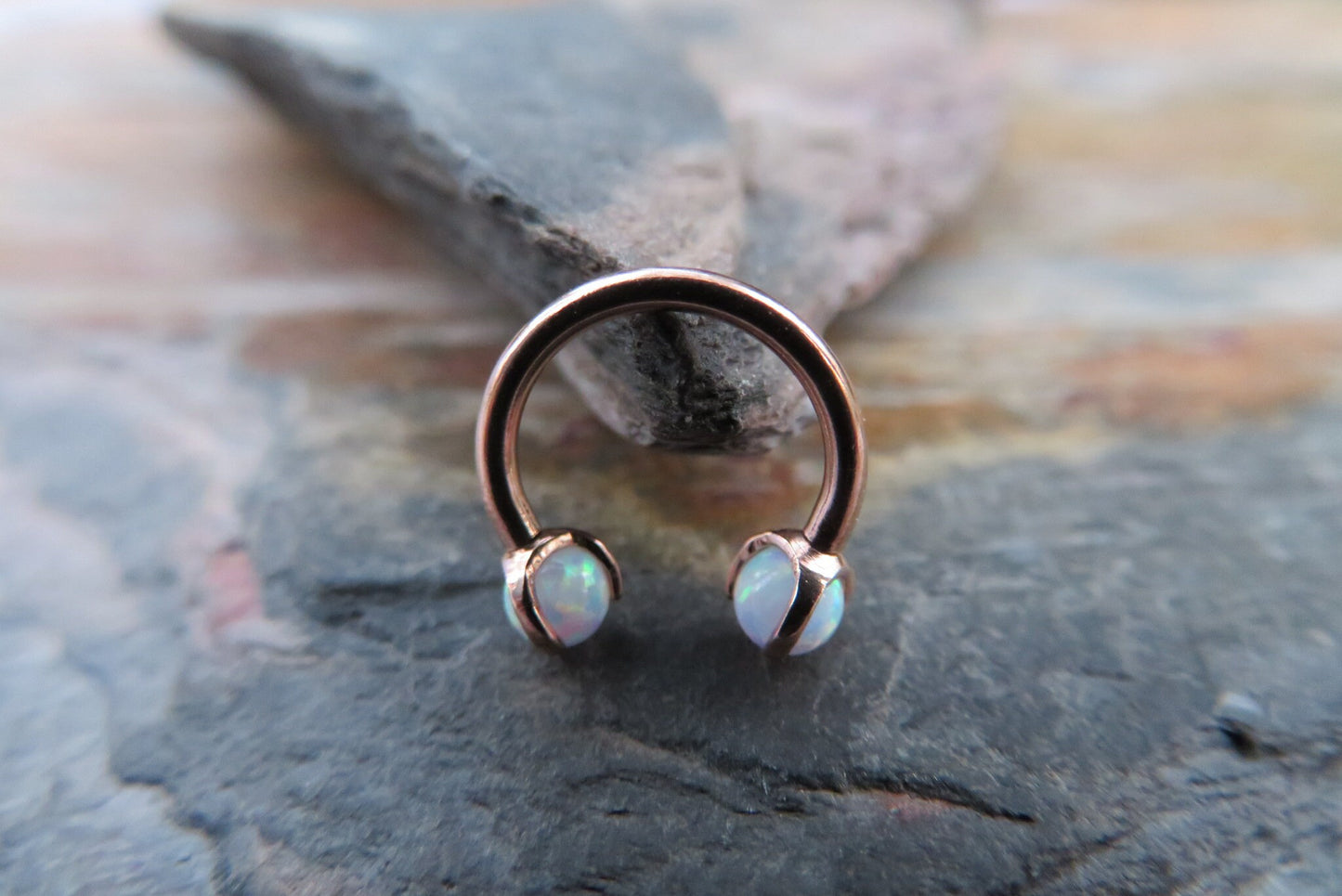Rose Gold Titanium Ion Plated White Opal Pronged 16G (1.2mm) Internally Threaded Horseshoe Nose Ring Septum Piercing 316L Surgical Steel