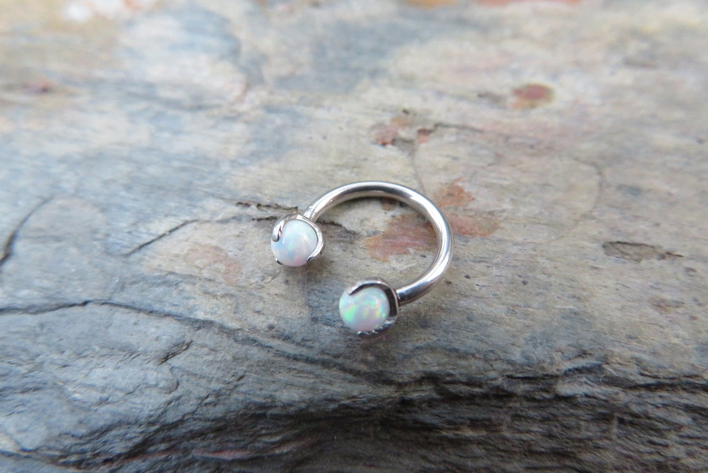 316L Surgical Steel Pronged White Fire Opal 16G (1.2mm) Internally Threaded Horseshoe Nose Ring Septum Piercing