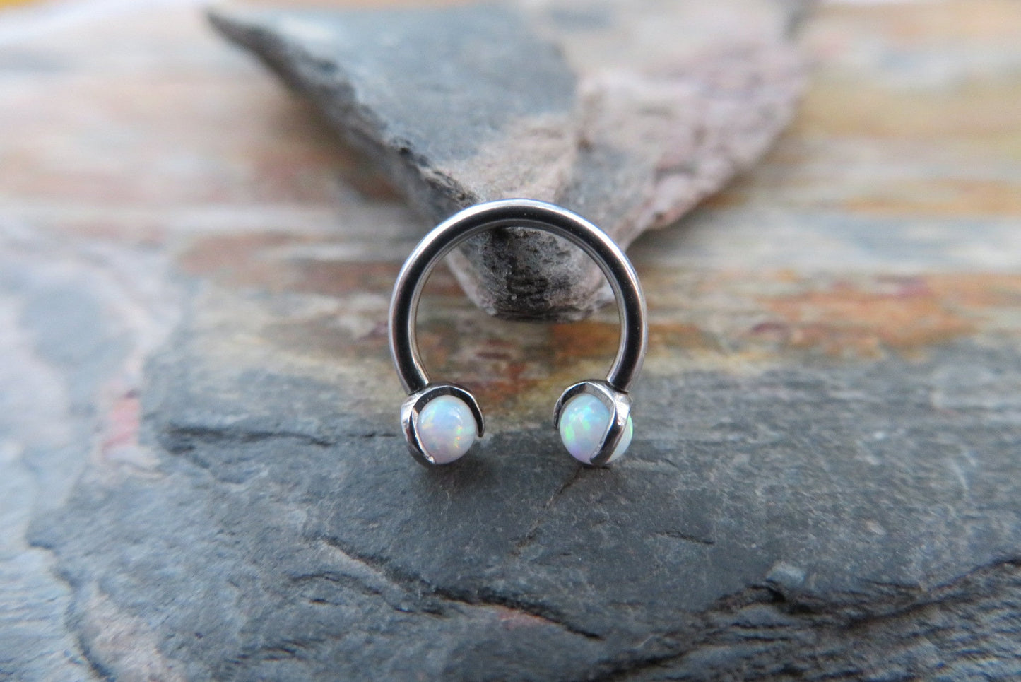 316L Surgical Steel Pronged Purple Fire Opal 16G (1.2mm) Internally Threaded Horseshoe Nose Ring Septum Piercing