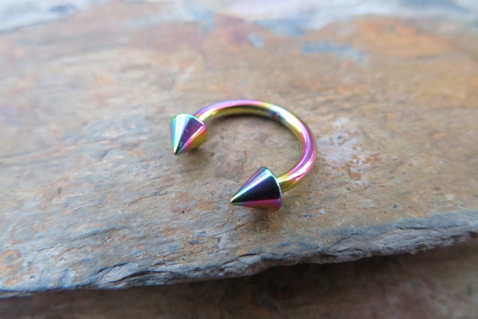THICK 14G Rainbow Titanium Ion Plated Spiked 14G (1.6mm) Horseshoe Nose Ring Septum Piercing 316L Surgical Steel Spikes Gauged Up