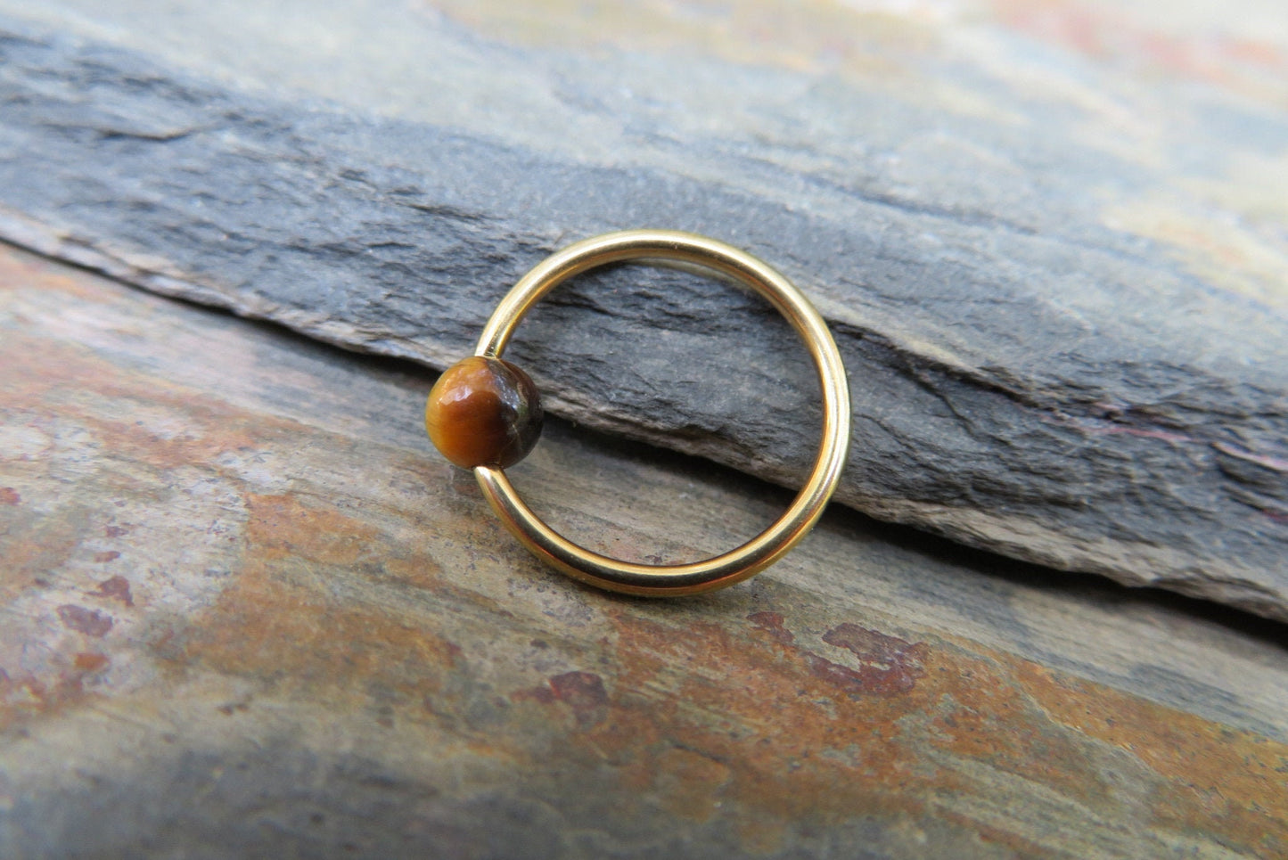 Natural Yellow Tiger's Eye Stone Bead Gold Titanium Plated CBR Ring Hoop 16G (1.2mm) 14G (1.6mm) Nose Cartilage Septum Piercing 316L Steel