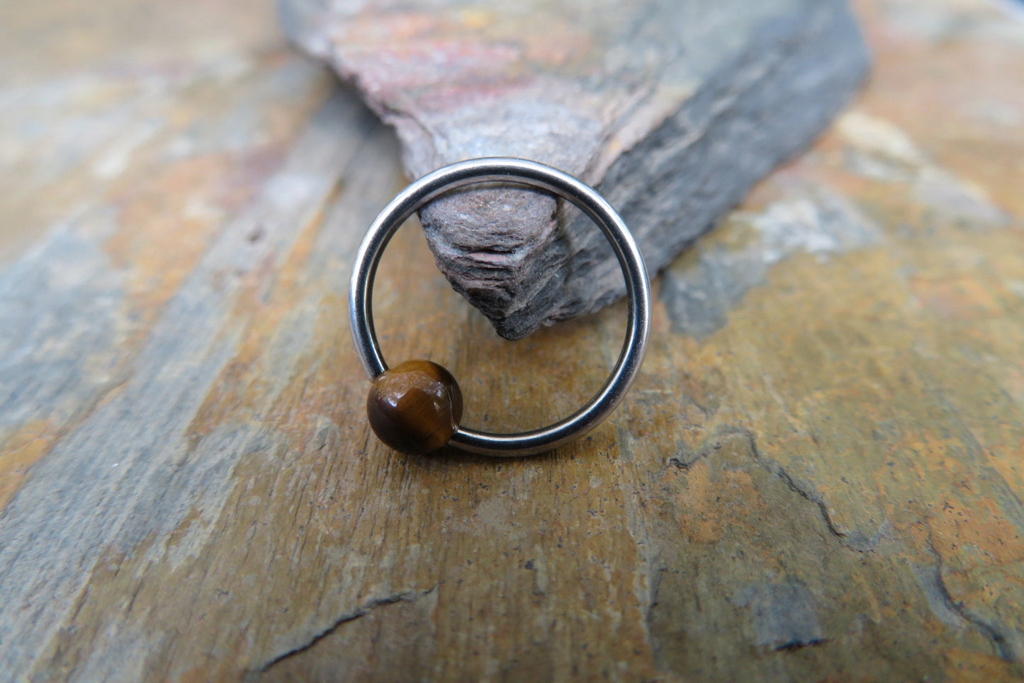 Natural Yellow Tiger's Eye Stone Bead Surgical Steel CBR Ring Hoop 16G (1.2mm) 14G (1.6mm) Nose Cartilage Septum Piercing Hypoallergenic