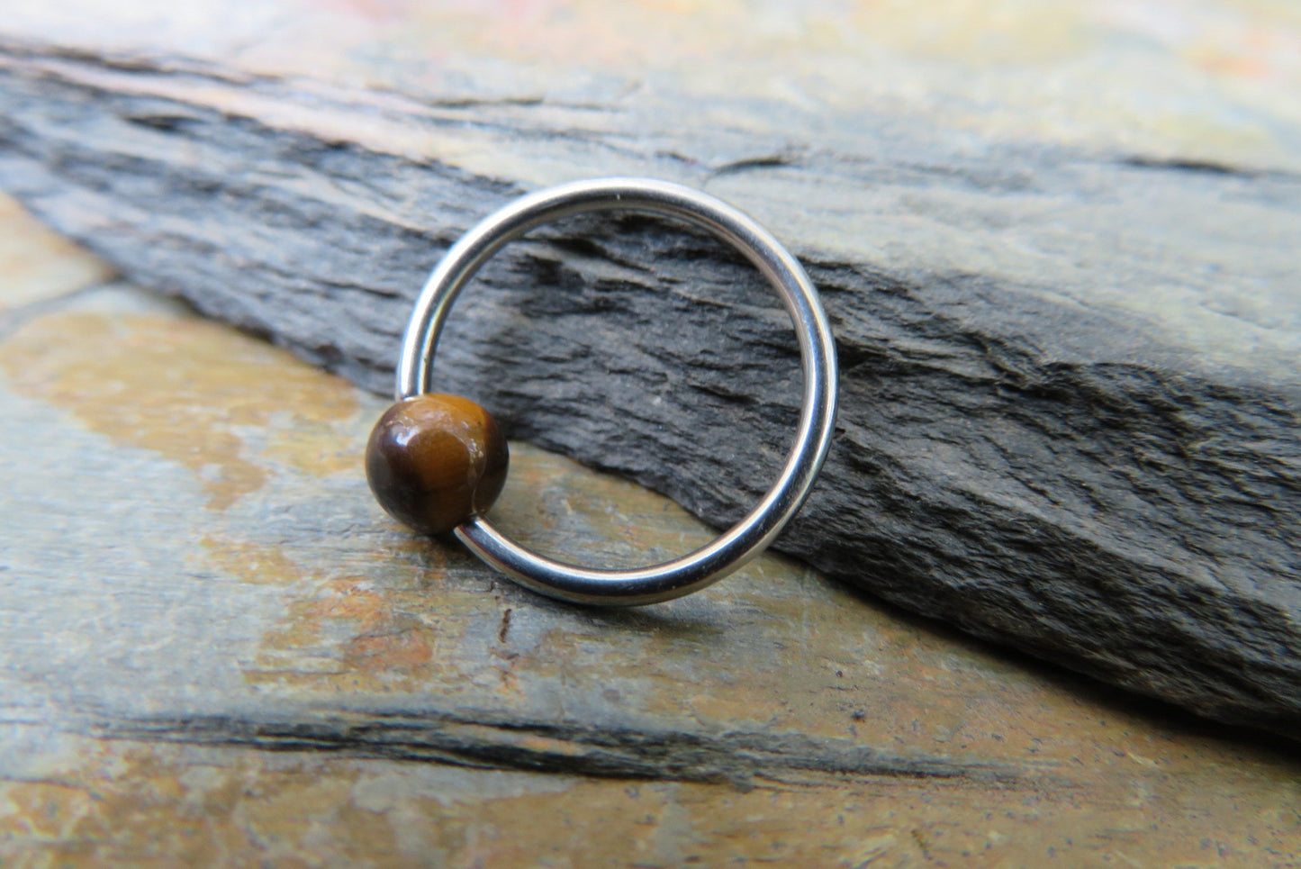 Natural Yellow Tiger's Eye Stone Bead Surgical Steel CBR Ring Hoop 16G (1.2mm) 14G (1.6mm) Nose Cartilage Septum Piercing Hypoallergenic