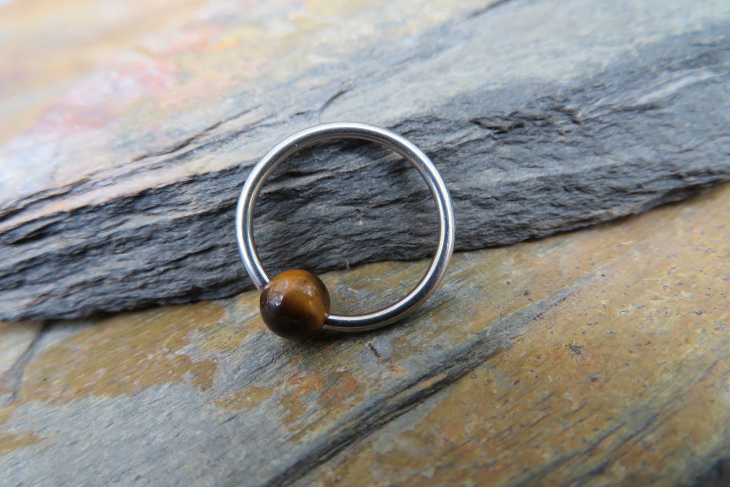 Natural Yellow Tiger's Eye Stone Bead Surgical Steel CBR Ring Hoop 16G (1.2mm) 14G (1.6mm) Nose Cartilage Septum Piercing Hypoallergenic