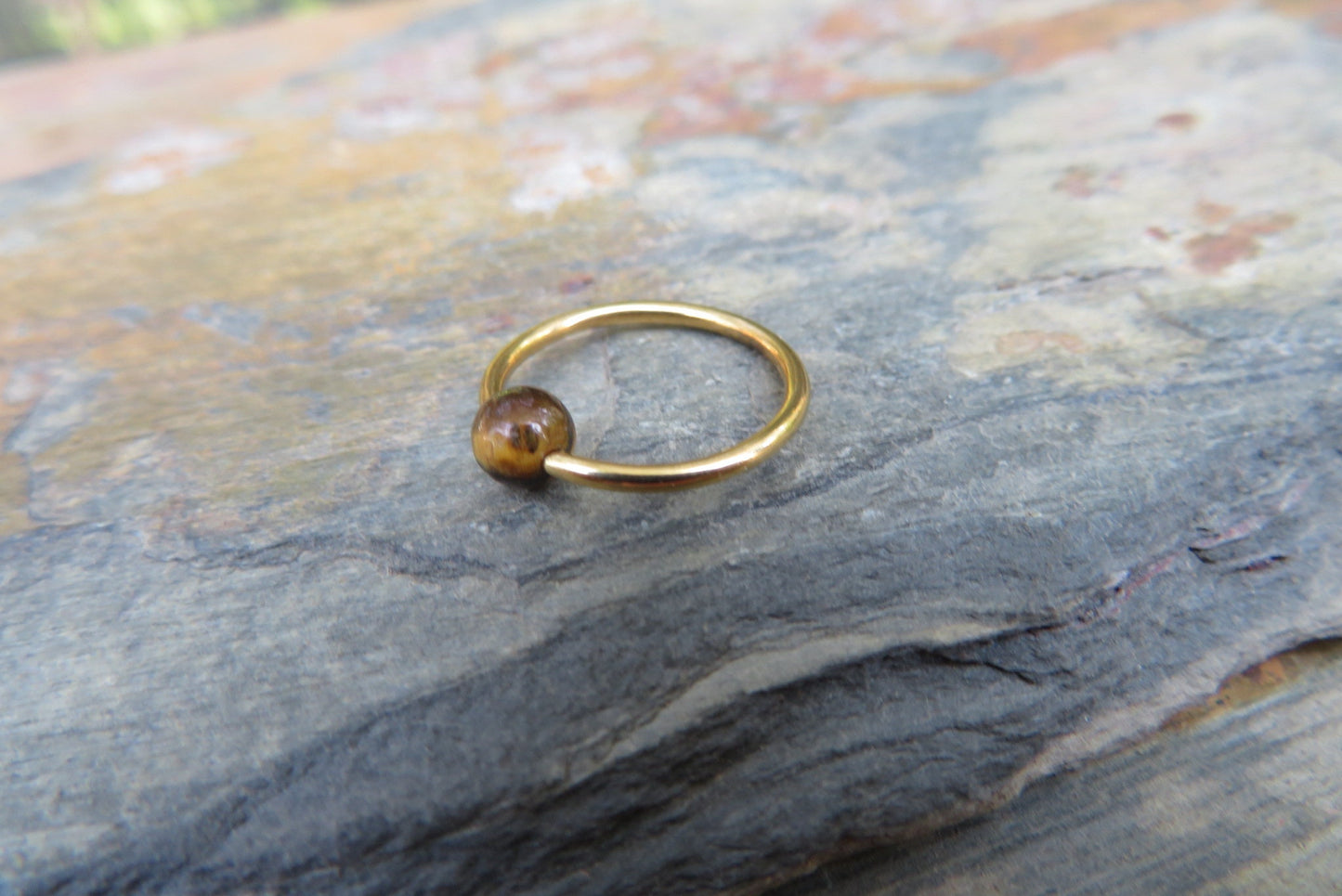Natural Yellow Tiger's Eye Stone Bead Gold Titanium Plated CBR Ring Hoop 16G (1.2mm) 14G (1.6mm) Nose Cartilage Septum Piercing 316L Steel