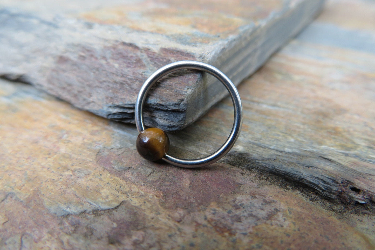 Natural Yellow Tiger's Eye Stone Bead Surgical Steel CBR Ring Hoop 16G (1.2mm) 14G (1.6mm) Nose Cartilage Septum Piercing Hypoallergenic